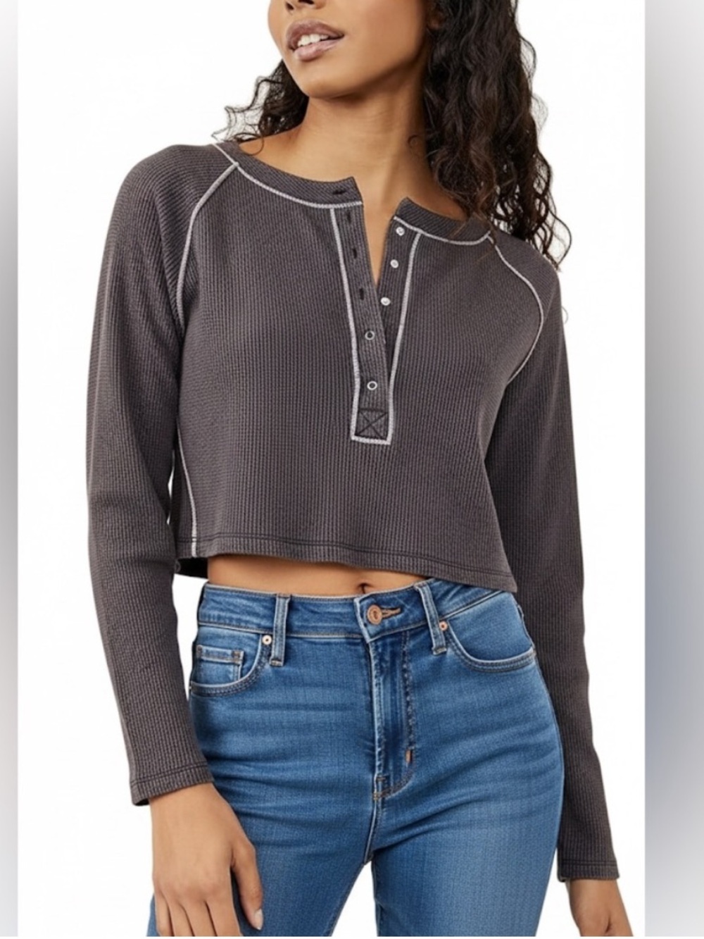 Free People Intimately Early Nights Heather Grey Henley Thermal Long Sleeve Top